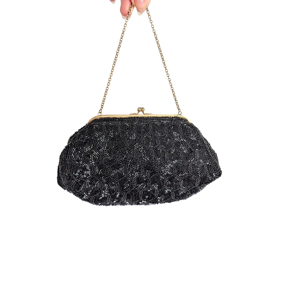 Vintage 1940s French Mid Century Black Luxury Hand-Beaded Kiss-lock Clutch